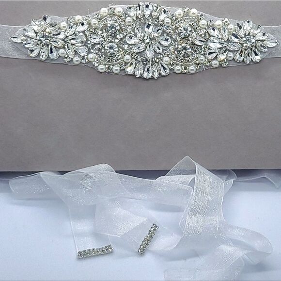 Rhinestone Pearl Beaded Bride Bridal Belt Wedding Dress Sash White Long Plus NWT - Picture 8 of 11